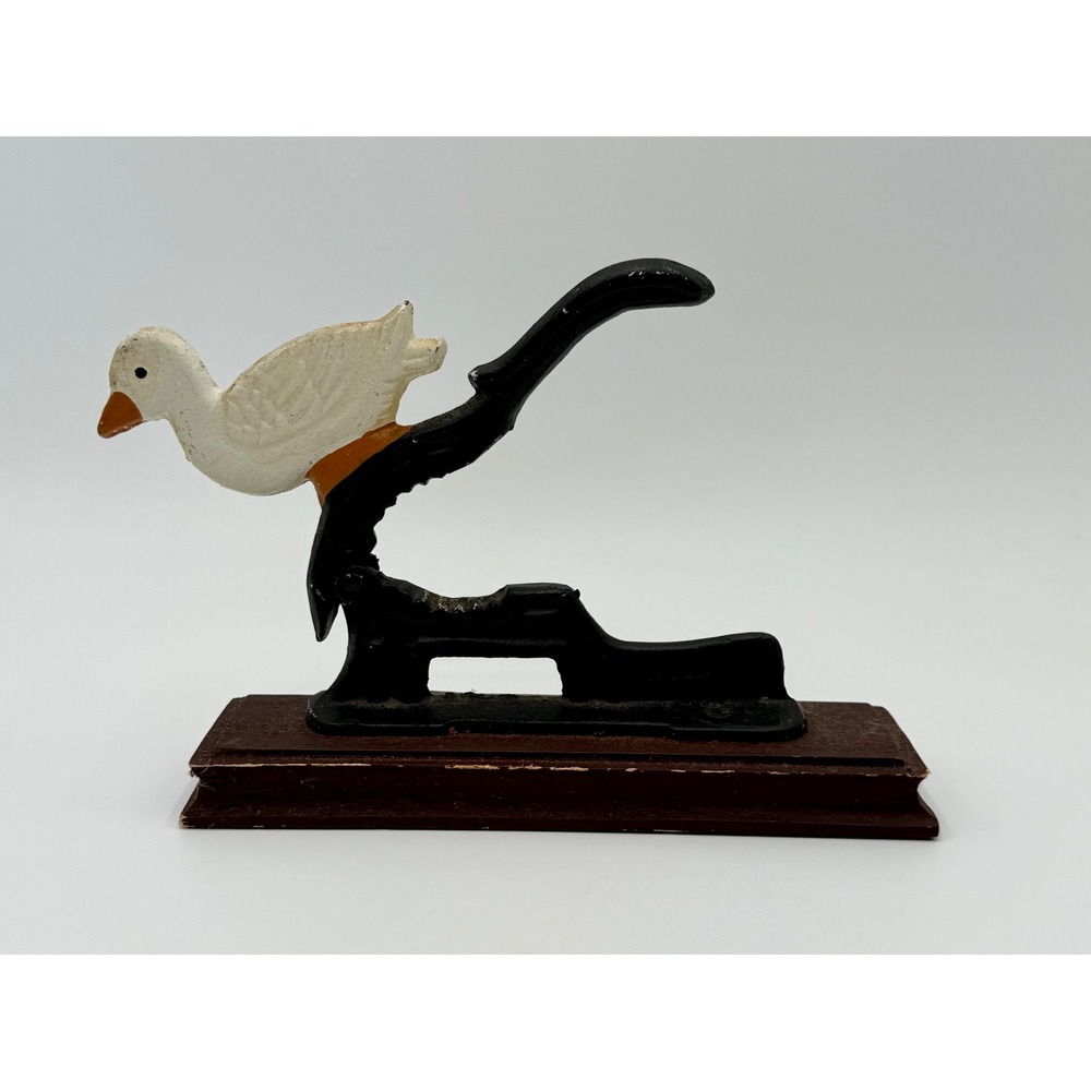 Vintage Cast Iron Duck Nutcracker Hand Painted Goose on Wood Base Rustic Decor - Picture 2 of 8